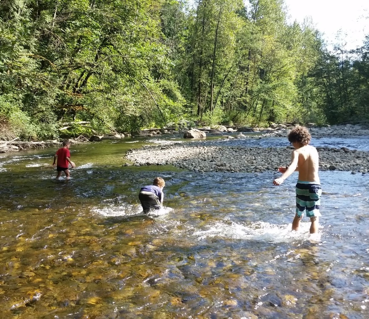 Kids in their swimwear playing in the river